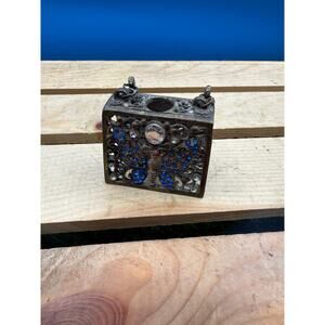 Vtg Brass Filigree Butterfly Lipstick Holder Blue Rhinestone - Regency